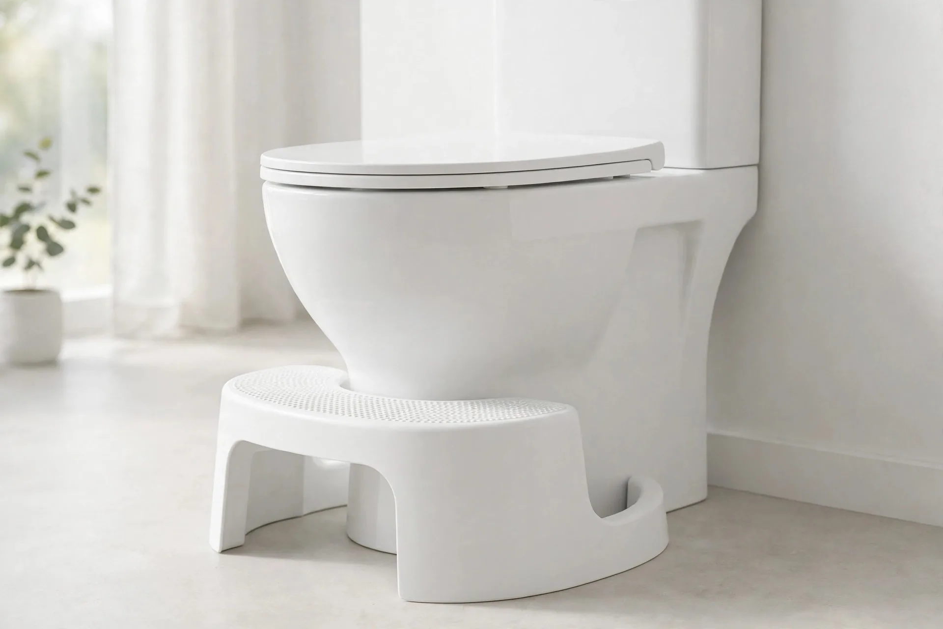 Bathroom posture guide — proper sitting posture on a toilet with a squat stool