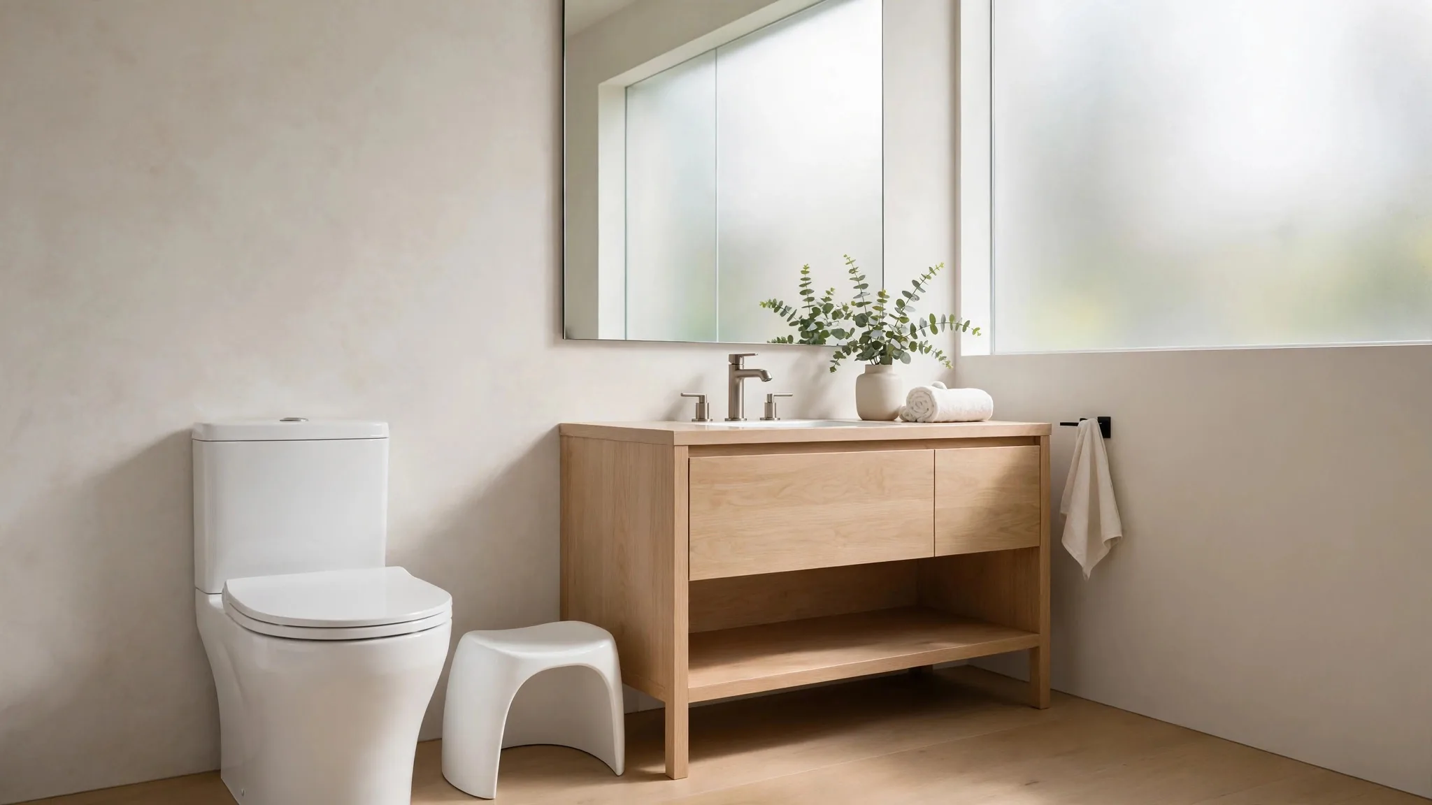 SquatEase toilet stool in a bright modern bathroom — bathroom posture stool in front of a white toilet