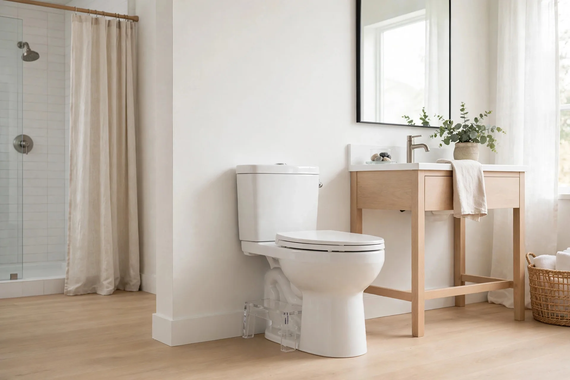 Clear acrylic SquatEase Ghost toilet stool tucked under a white toilet — nearly invisible in a minimalist bathroom