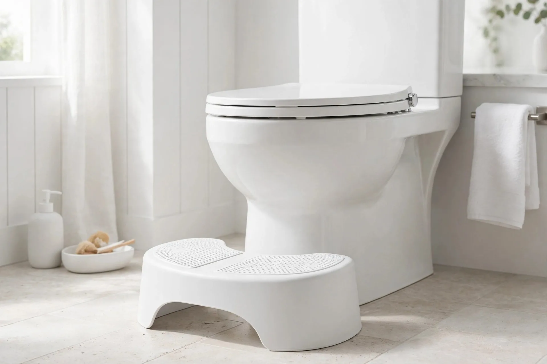 Step 1 — place the SquatEase bathroom stool at the base of the toilet